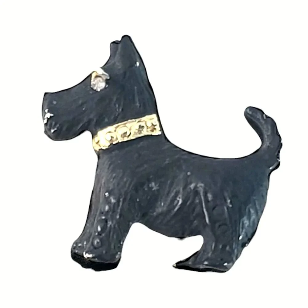 Vintage Metal Enamel Rhinestone Scotty Dog Brooch Pin